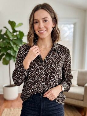 Liz Baker Black Brown Leaf Button-Down Long Sleeve Shirt Autumn Fall Retro Boho